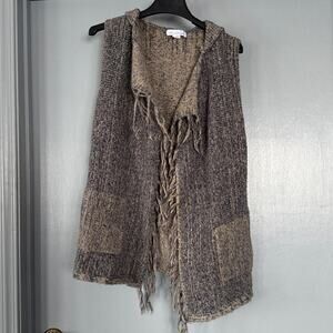 Women's Hoodie Sweater Vest Acrylic/Wool Blend sz Large Blue Heather Fringed